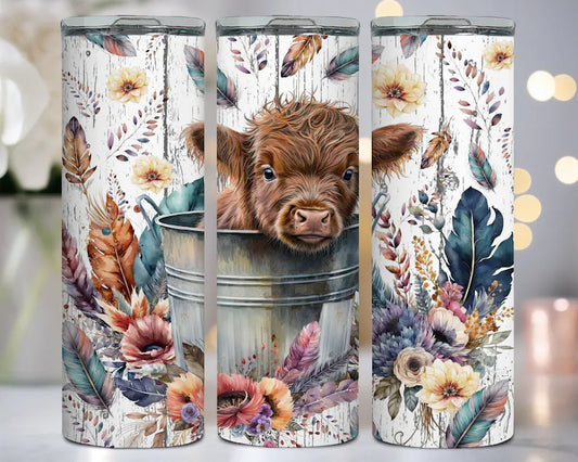 Baby Highland Cow In a Bucket 20 oz Tumbler Wrap Boho Flowers